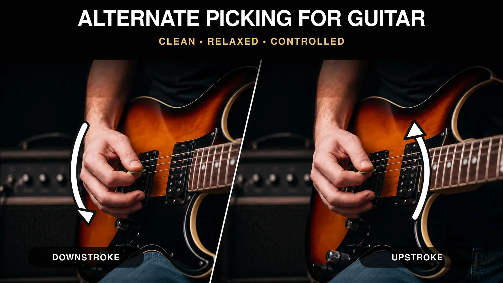 Split view of a guitarist demonstrating alternate-picking downstrokes and upstrokes